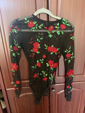 Topshop Black Sheer Floral Embroidered Bodysuit with Red Roses